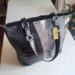 Michael Rome Italian Leather Chic Black and Gray Textured Tote Bag